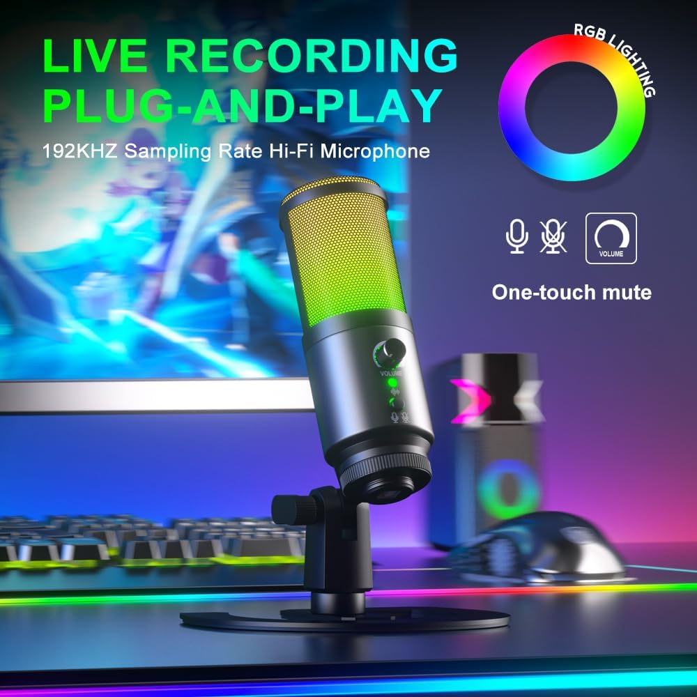 G-MARK MK6 RGB USB Condenser Microphone, Gaming Microphone for Podcasts, Streaming, Broadcasting, Condenser Mic with Cardioid, Omnidirectional, Compatible with PS4/5/PC-1