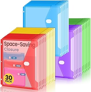 Sooez 30 Pack Binder Folders Organizer with Space-Saving Closure, Super Heavyweight Binder Pockets for 3 Ring Binder, High Capacity Binder Pouch, Side Loading, School Supplies, Letter Size, 5 Color