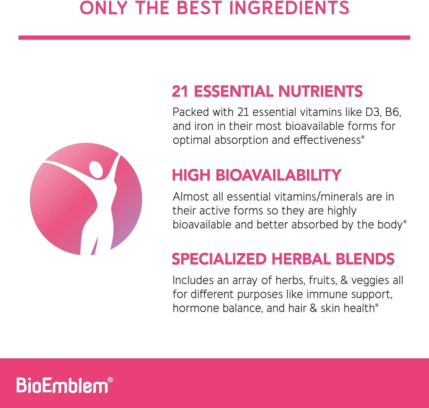 BioEmblem Women's Multivitamin - Complete Daily Multi for Immunity, Energy, Hair, Skin with Vitamin A, B12, B6, D3, Biotin, Iron, Magnesium, Collagen and Veggie Blends - Gluten Free - 90 Capsules-1