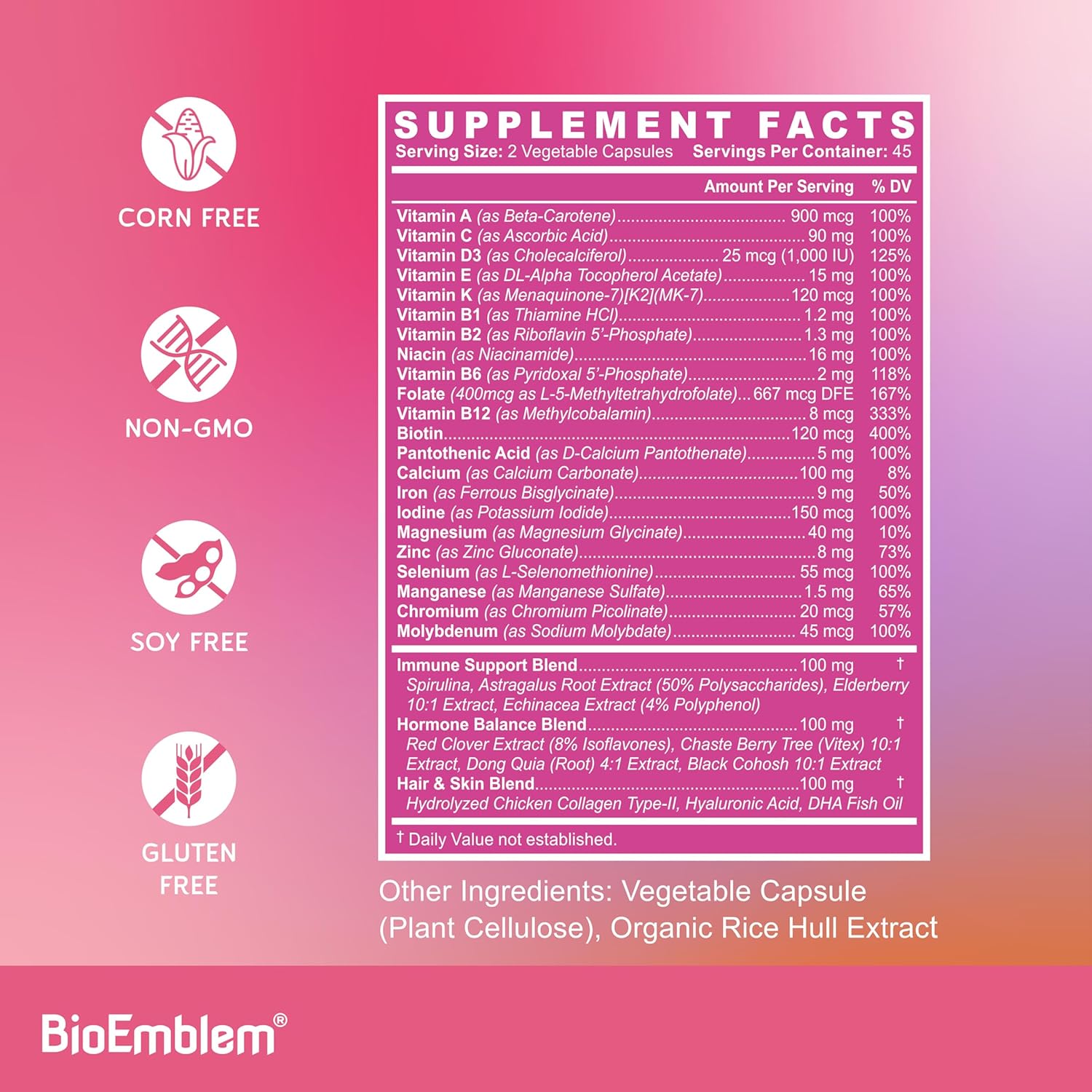 BioEmblem Women's Multivitamin - Complete Daily Multi for Immunity, Energy, Hair, Skin with Vitamin A, B12, B6, D3, Biotin, Iron, Magnesium, Collagen and Veggie Blends - Gluten Free - 90 Capsules-4