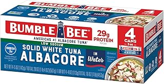 Bumble Bee Low Sodium Solid White Albacore Tuna in Water, 5 oz Can (Pack of 4) - Wild Caught Tuna - 29g Protein per Serving, High in Omega-3s - Non-GMO Project Verified, Gluten Free, Kosher