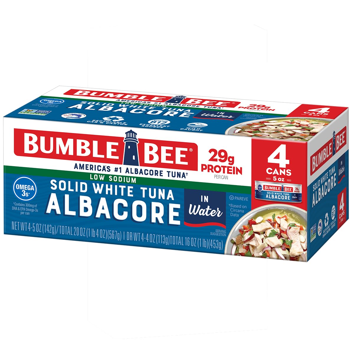 Bumble Bee Low Sodium Solid White Albacore Tuna in Water, 5 oz Can (Pack of 4) - Wild Caught Tuna - 29g Protein per Serving, High in Omega-3s - Non-GMO Project Verified, Gluten Free, Kosher-0