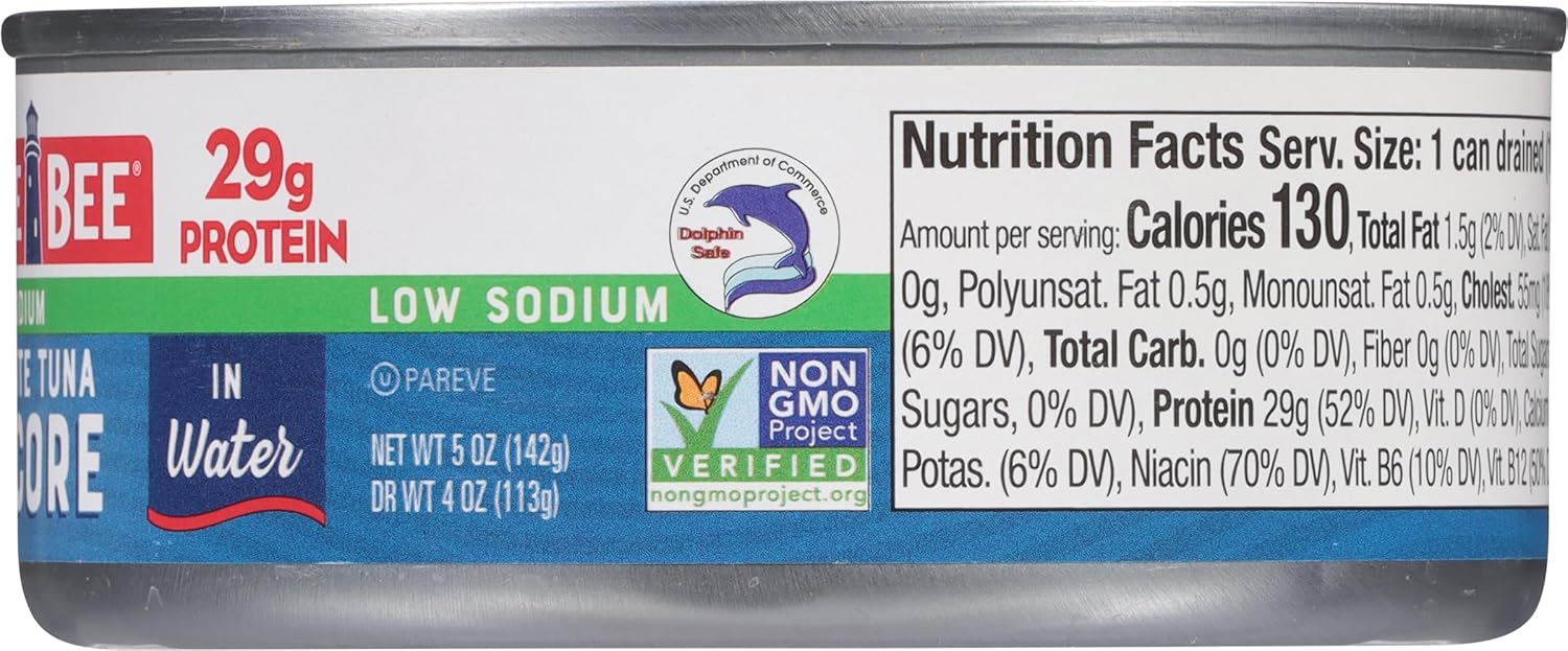 Bumble Bee Low Sodium Solid White Albacore Tuna in Water, 5 oz Can (Pack of 4) - Wild Caught Tuna - 29g Protein per Serving, High in Omega-3s - Non-GMO Project Verified, Gluten Free, Kosher-6