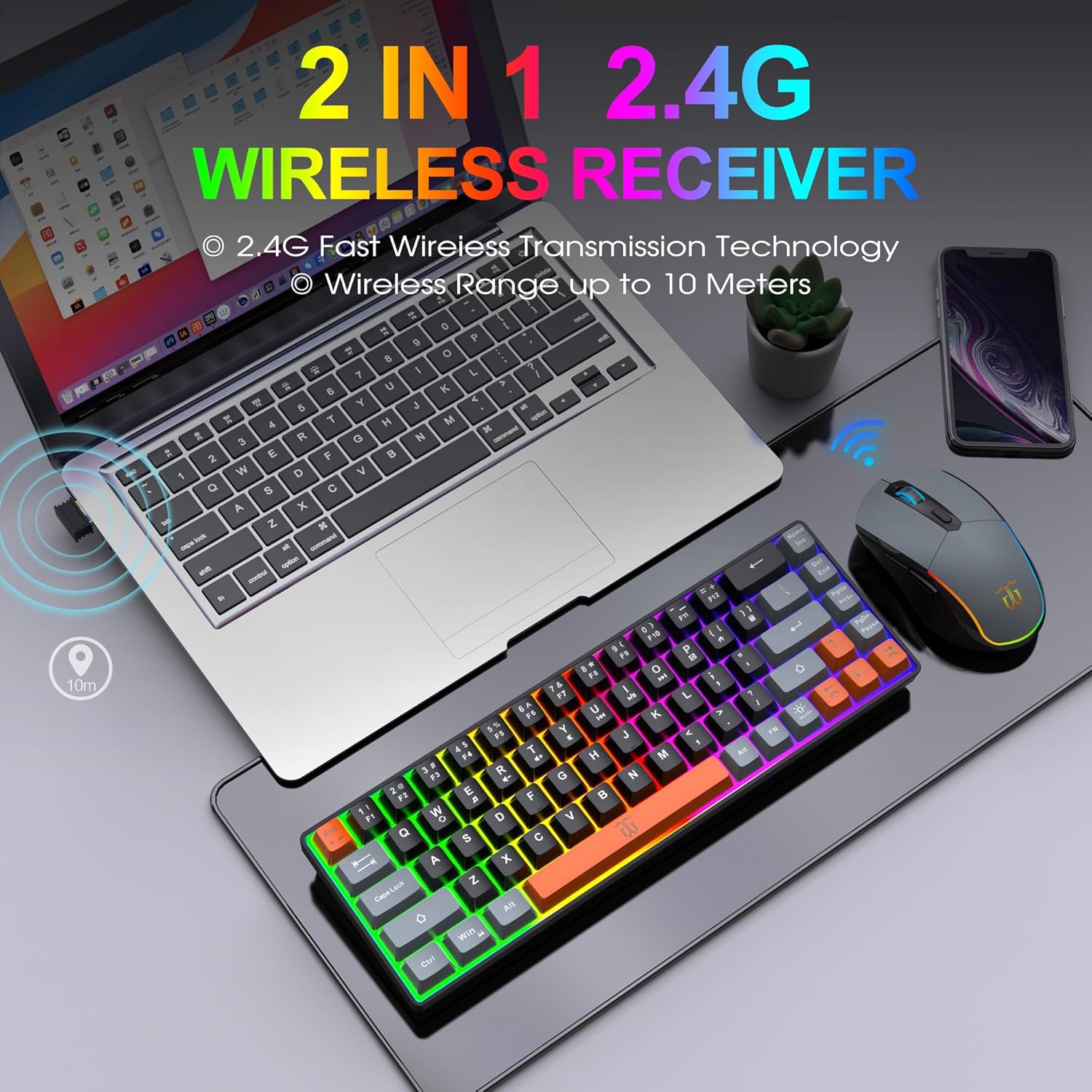 Snpurdiri 60% Wireless Gaming Keyboard and Mouse Combo,Rainbow Backlit Rechargeable 2000mAh Battery,Mini Mechanical Feel Keyboard + Popular RGB Mice for Gaming,Business Office(Gray-Black-Orange)-1