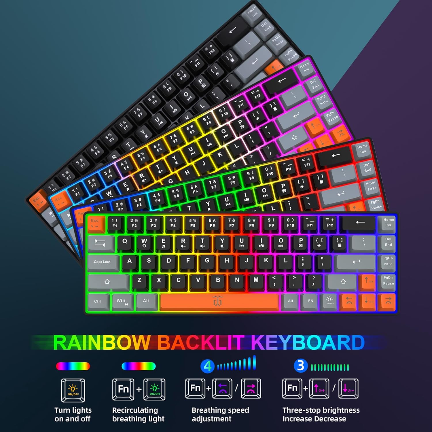 Snpurdiri 60% Wireless Gaming Keyboard and Mouse Combo,Rainbow Backlit Rechargeable 2000mAh Battery,Mini Mechanical Feel Keyboard + Popular RGB Mice for Gaming,Business Office(Gray-Black-Orange)-3