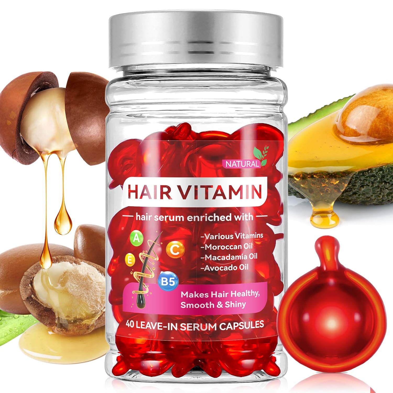 Hair Vitamins Serum Capsule, Hair Treatment Serum Oils, No Need Rinse Hair Repair Essence，Rich in Vitamins A C E Pro B5 Oil for Hair,Hair Serum for Frizzy and Dry Damaged Hair (40 Pcs), Red-0