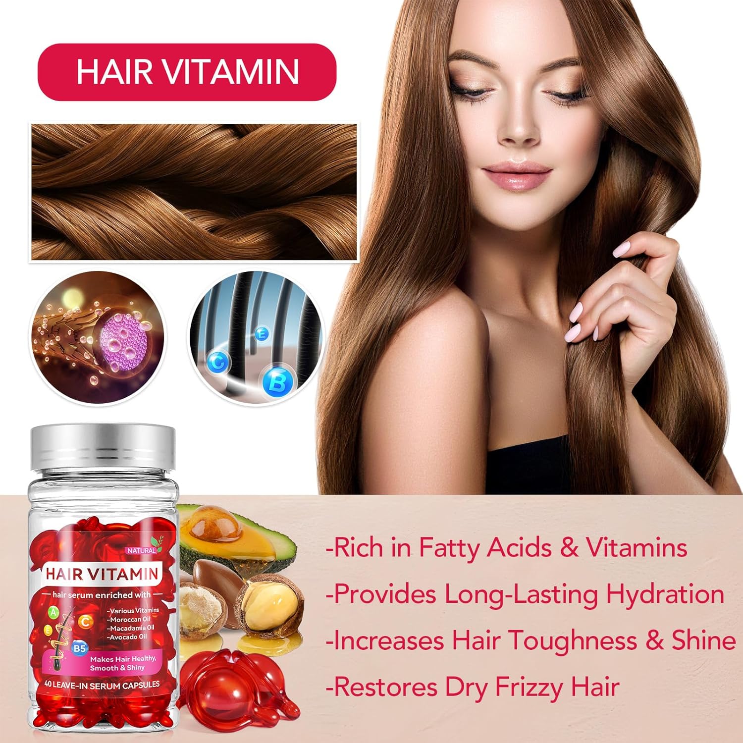 Hair Vitamins Serum Capsule, Hair Treatment Serum Oils, No Need Rinse Hair Repair Essence，Rich in Vitamins A C E Pro B5 Oil for Hair,Hair Serum for Frizzy and Dry Damaged Hair (40 Pcs), Red-1