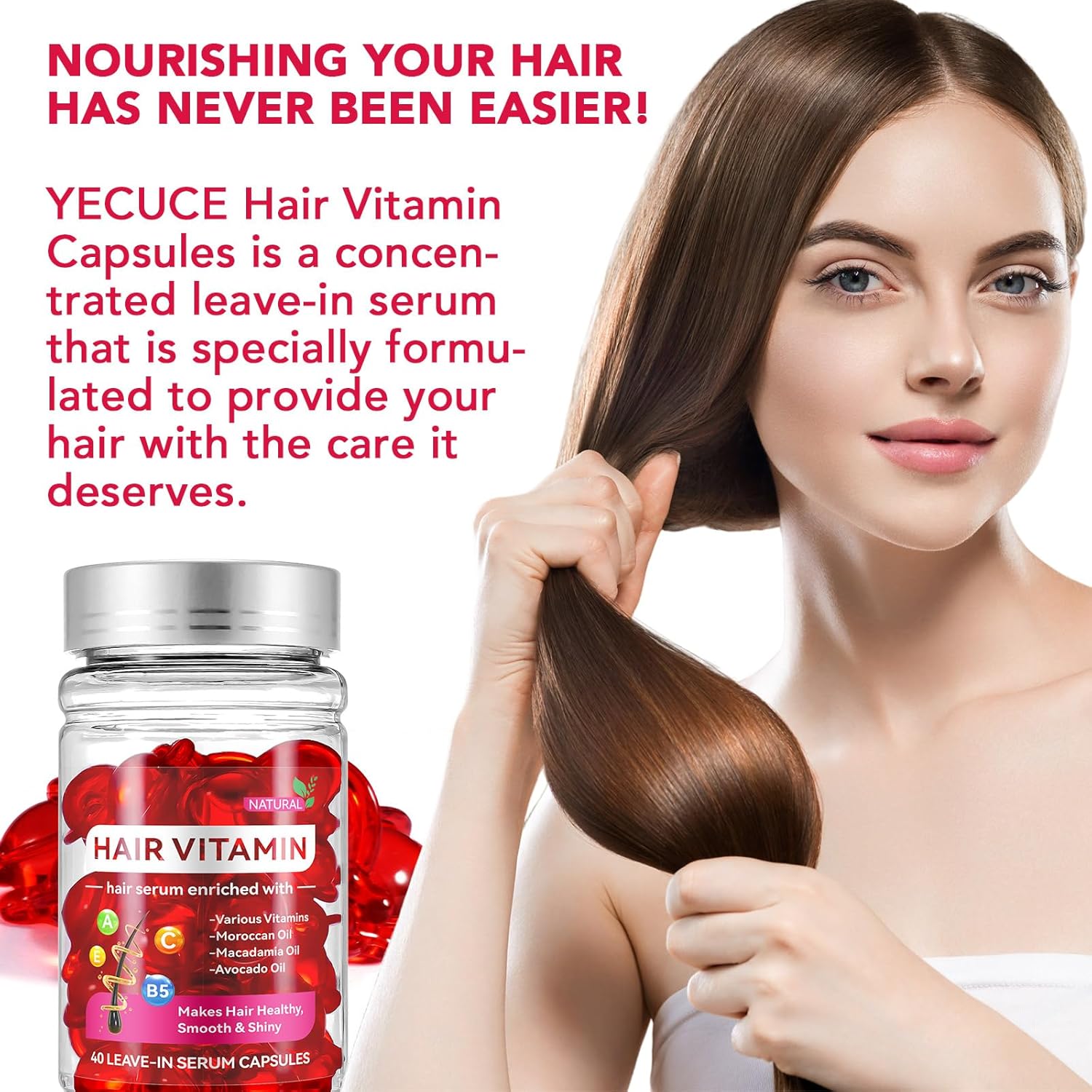 Hair Vitamins Serum Capsule, Hair Treatment Serum Oils, No Need Rinse Hair Repair Essence，Rich in Vitamins A C E Pro B5 Oil for Hair,Hair Serum for Frizzy and Dry Damaged Hair (40 Pcs), Red-5