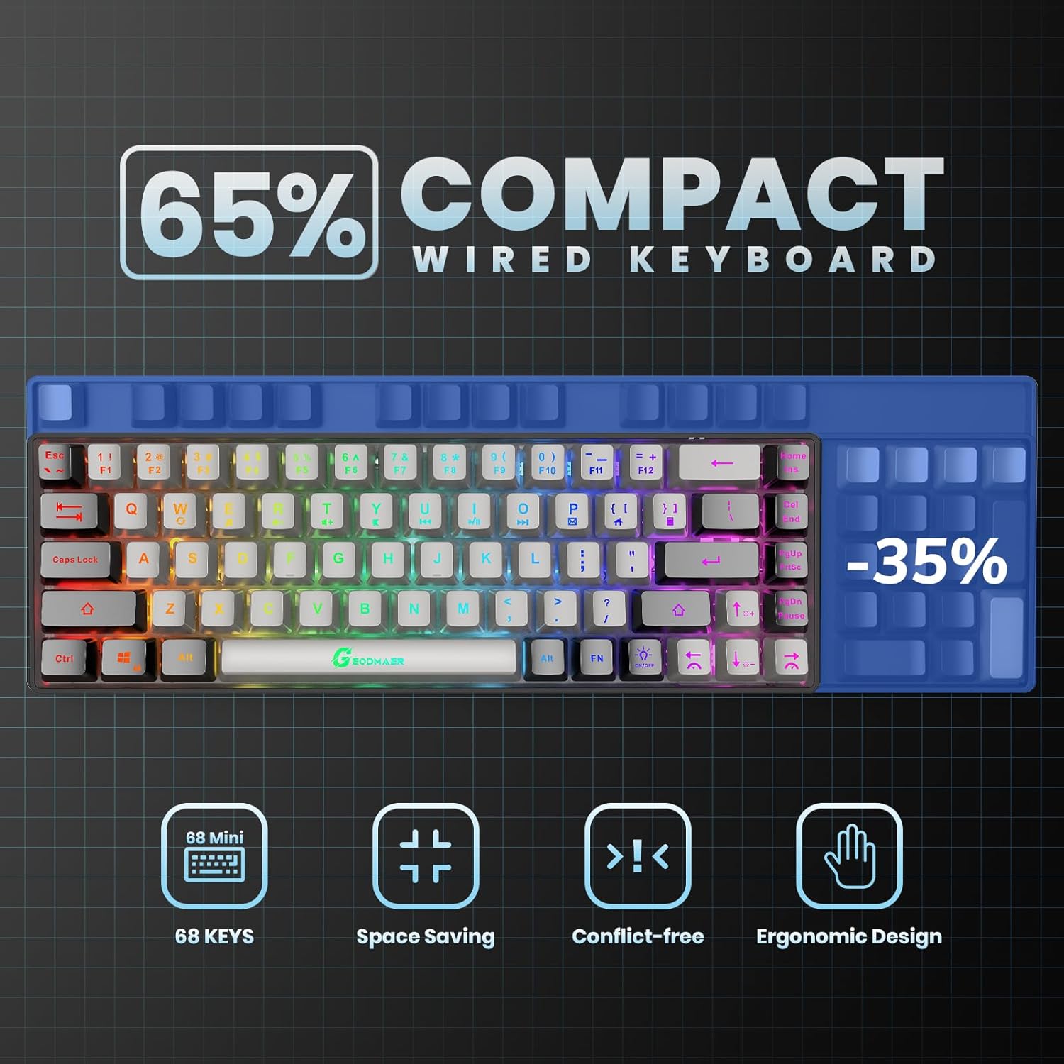 65% Gaming Keyboard, Wired Backlit Mini Keyboard, Ultra-Compact Anti-Ghosting No-Conflict 68 Keys Membrane Gaming Wired Keyboard for PC Laptop Mac Gamer-3