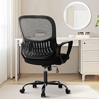 Sweetcrispy Office Computer Desk Managerial Executive Chair, Ergonomic Mid-Back Mesh Rolling Work Swivel Chairs with Wheels, Comfortable Lumbar Support, Comfy Arms for Home,Bedroom,Study,Student,Black