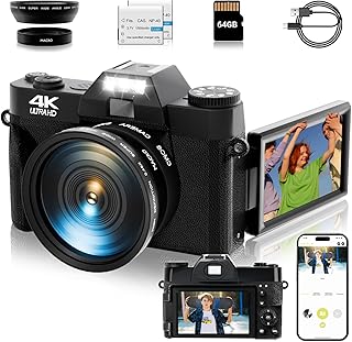 4K Digital Camera for Photography Autofocus 56MP 16X Digital Zoom with WiFi 3'' 180° Flip Screen Vlogging YouTube Video Students Compact Cameras with 2 Batteries 64GB Micro SD Card (Black)