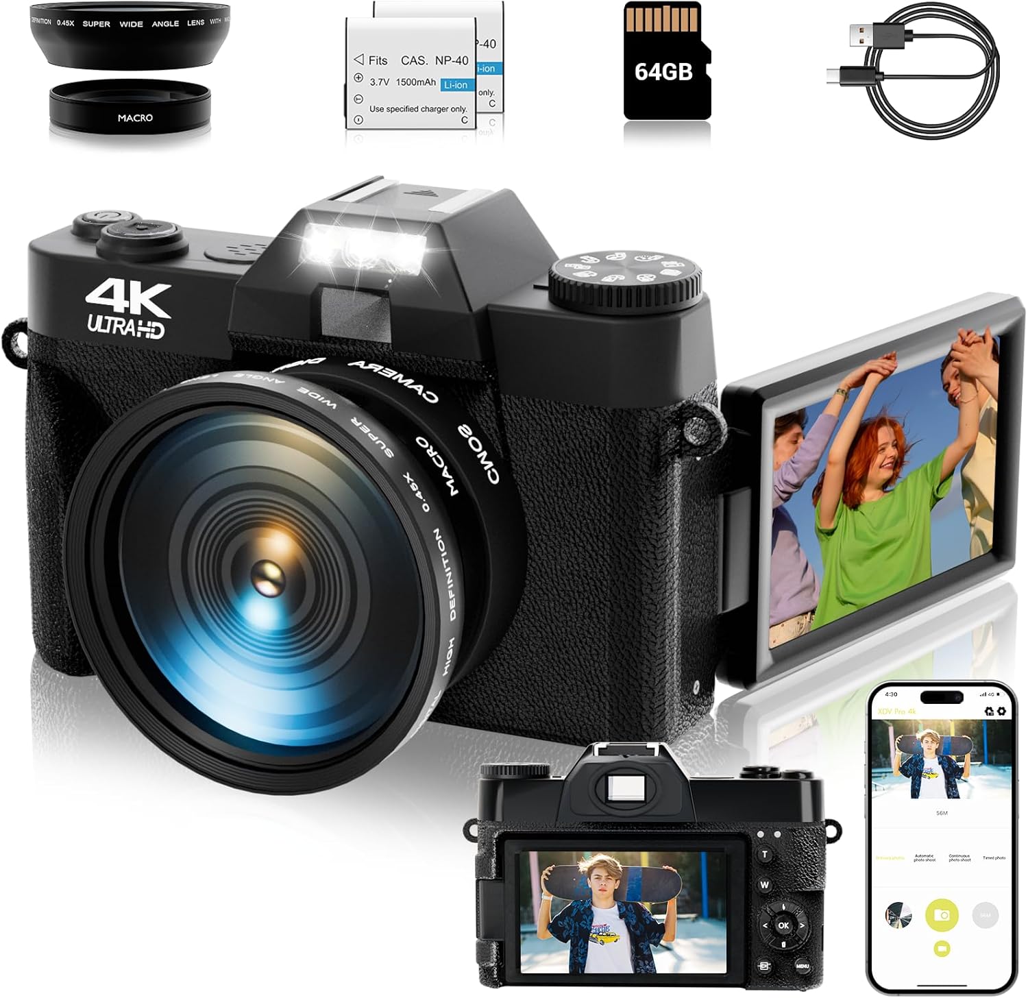 4K Digital Camera for Photography Autofocus 56MP 16X Digital Zoom with WiFi 3'' 180° Flip Screen Vlogging YouTube Video Students Compact Cameras with 2 Batteries 64GB Micro SD Card (Black)-0