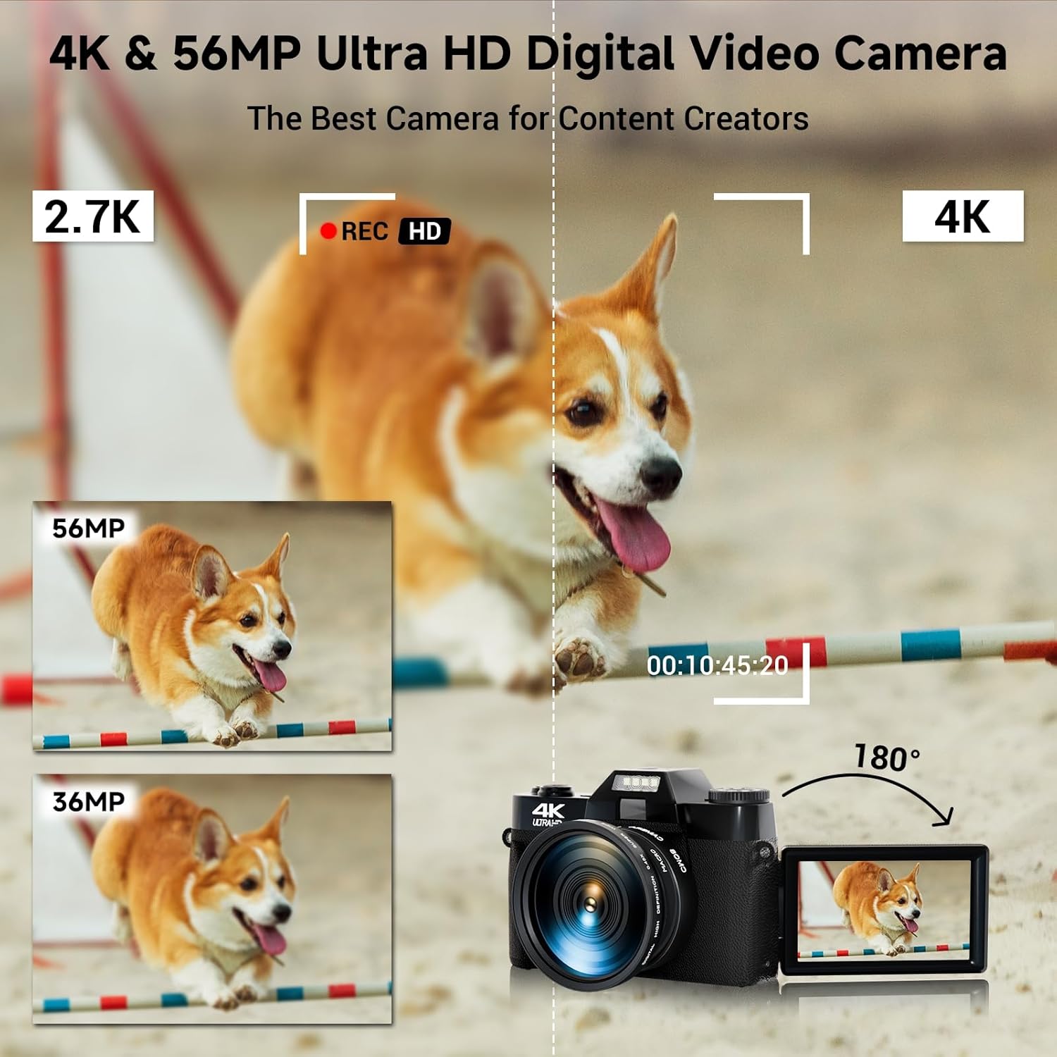 4K Digital Camera for Photography Autofocus 56MP 16X Digital Zoom with WiFi 3'' 180° Flip Screen Vlogging YouTube Video Students Compact Cameras with 2 Batteries 64GB Micro SD Card (Black)-1