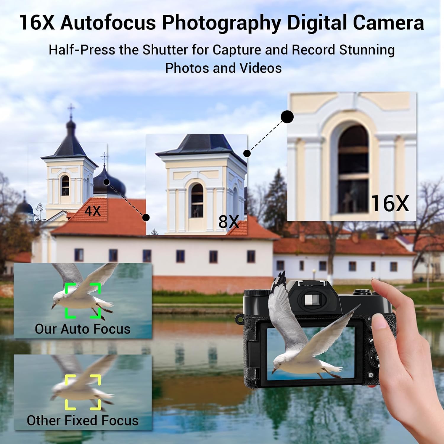 4K Digital Camera for Photography Autofocus 56MP 16X Digital Zoom with WiFi 3'' 180° Flip Screen Vlogging YouTube Video Students Compact Cameras with 2 Batteries 64GB Micro SD Card (Black)-2