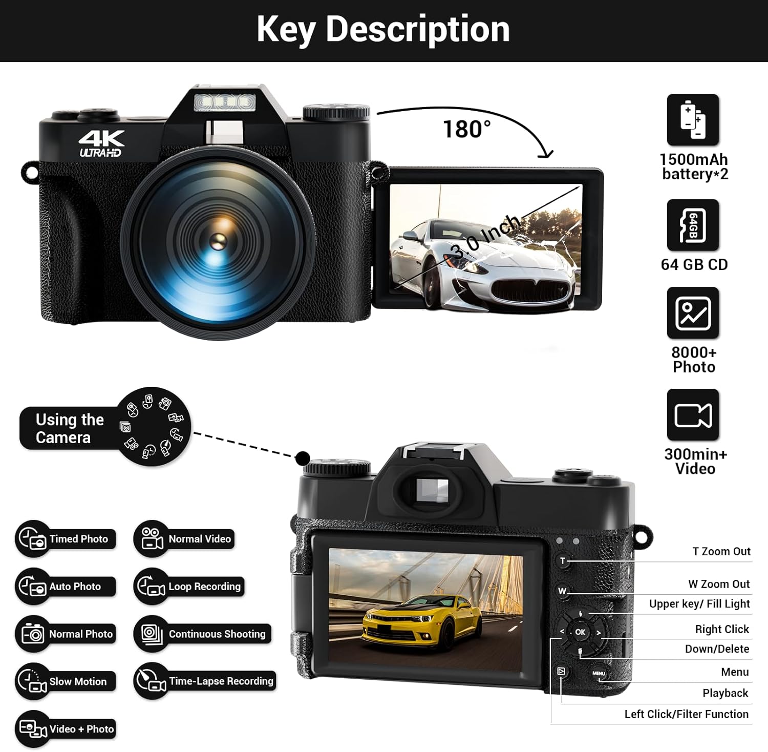 4K Digital Camera for Photography Autofocus 56MP 16X Digital Zoom with WiFi 3'' 180° Flip Screen Vlogging YouTube Video Students Compact Cameras with 2 Batteries 64GB Micro SD Card (Black)-3