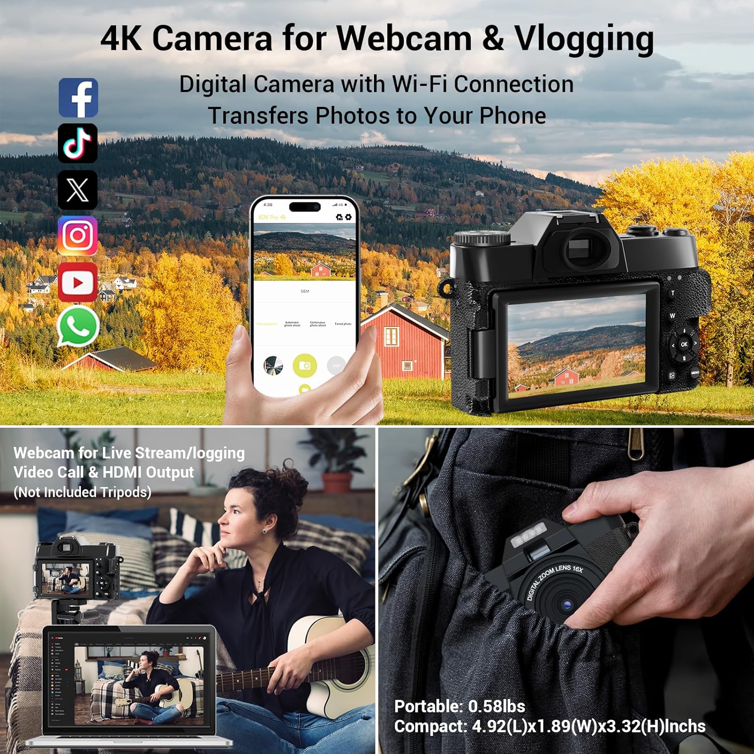 4K Digital Camera for Photography Autofocus 56MP 16X Digital Zoom with WiFi 3'' 180° Flip Screen Vlogging YouTube Video Students Compact Cameras with 2 Batteries 64GB Micro SD Card (Black)-5