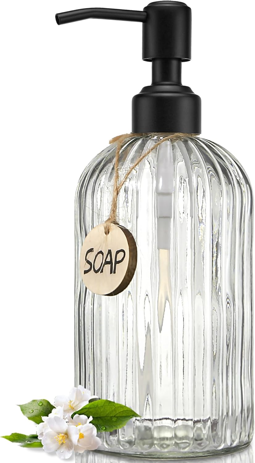 JASAI 18Oz Simple Glass Soap Dispenser with Black Rust Proof Pump,Refillable Kitchen Soap Dispenser with Vertical Stripe, Bathroom Soap Dispenser for Dispense Hand soap, Dish Soap, Lotion.-0