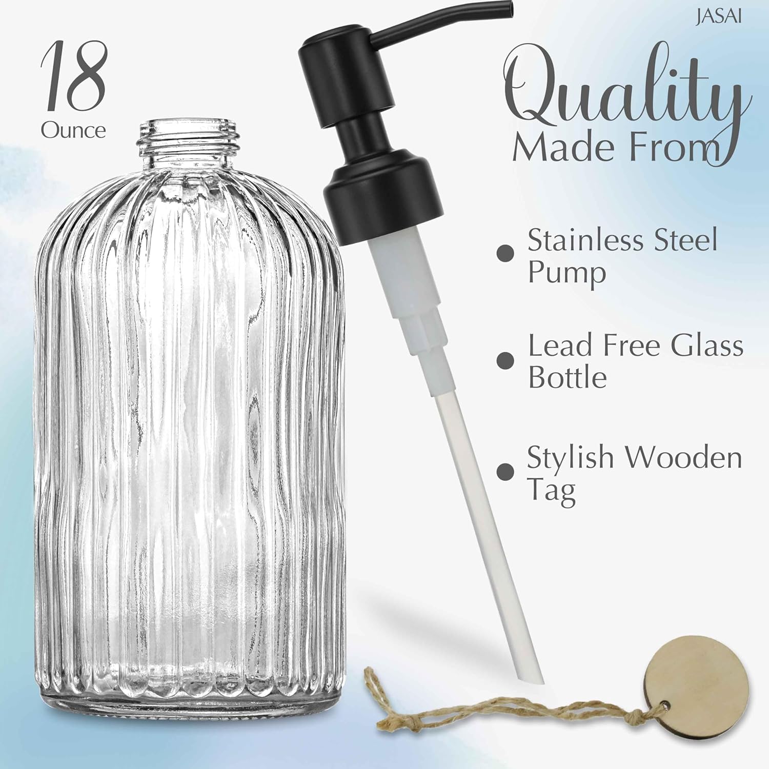 JASAI 18Oz Simple Glass Soap Dispenser with Black Rust Proof Pump,Refillable Kitchen Soap Dispenser with Vertical Stripe, Bathroom Soap Dispenser for Dispense Hand soap, Dish Soap, Lotion.-1