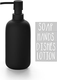 Ceramic Soap Dispenser - Elegant Hand Soap Pump with 4 Labels (Soap, Dishes, Lotion, Hands) - Durable & Stylish Ceramic Design for Kitchen & Bathroom, Refillable Liquid Soap dispenser (Black)