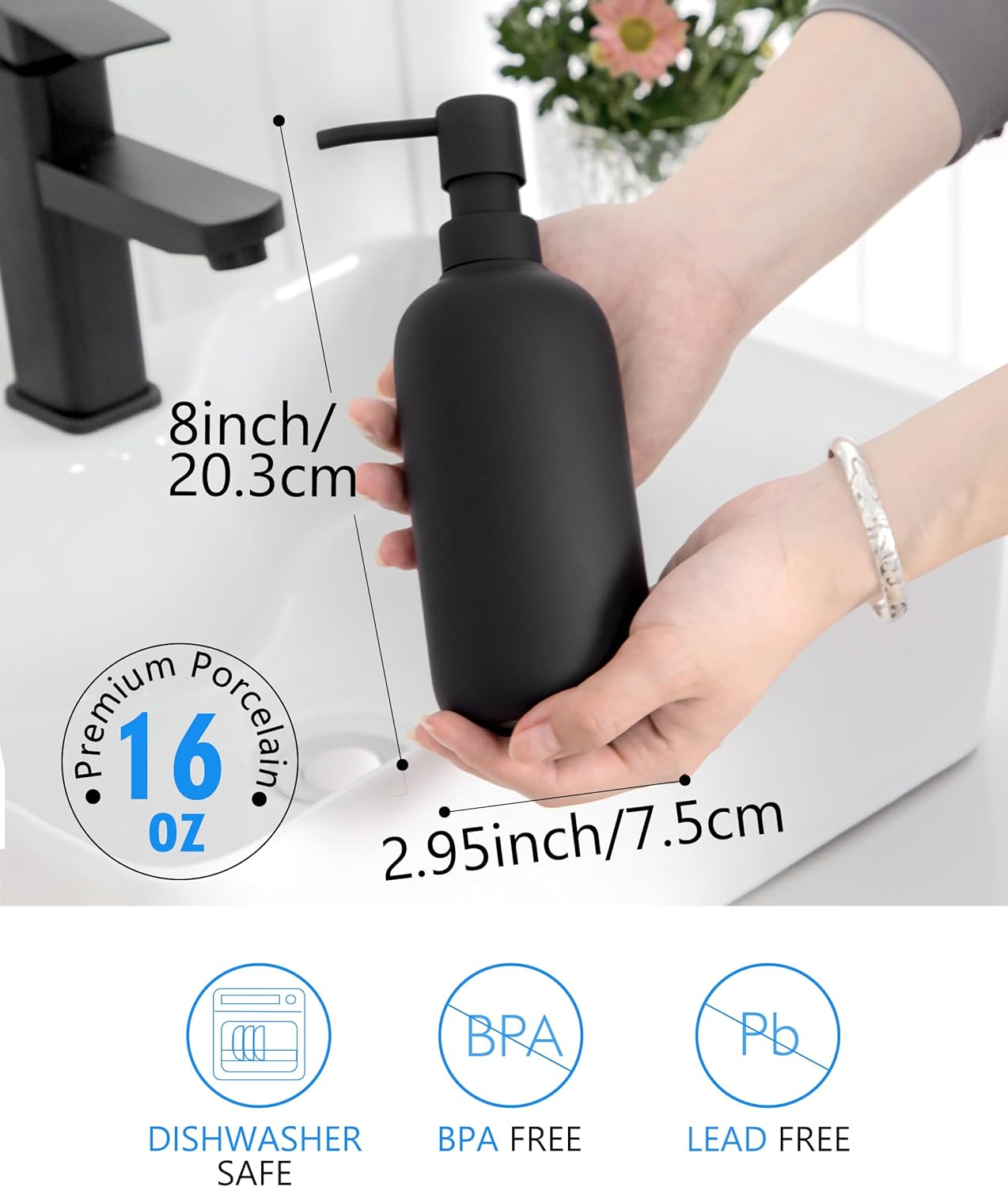 Ceramic Soap Dispenser - Elegant Hand Soap Pump with 4 Labels (Soap, Dishes, Lotion, Hands) - Durable & Stylish Ceramic Design for Kitchen & Bathroom, Refillable Liquid Soap dispenser (Black)-2