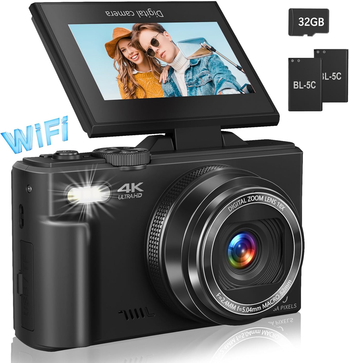 Digital Camera for Photography, 4K Vlogging Camera for YouTube 3" 180° Flip Screen 18X Digital Zoom Compact Retro Camera with 32GB TF Card & 2 Batteries, Black-0