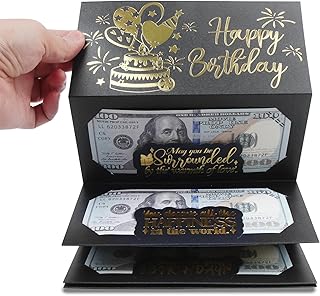 HOMANGA Birthday Money Envelope for Cash Gifts, Surprise Cash Envelope for Men Women Kids, Birthday Gift Card for Men Women Girls Boys, Black Gold Money Holder