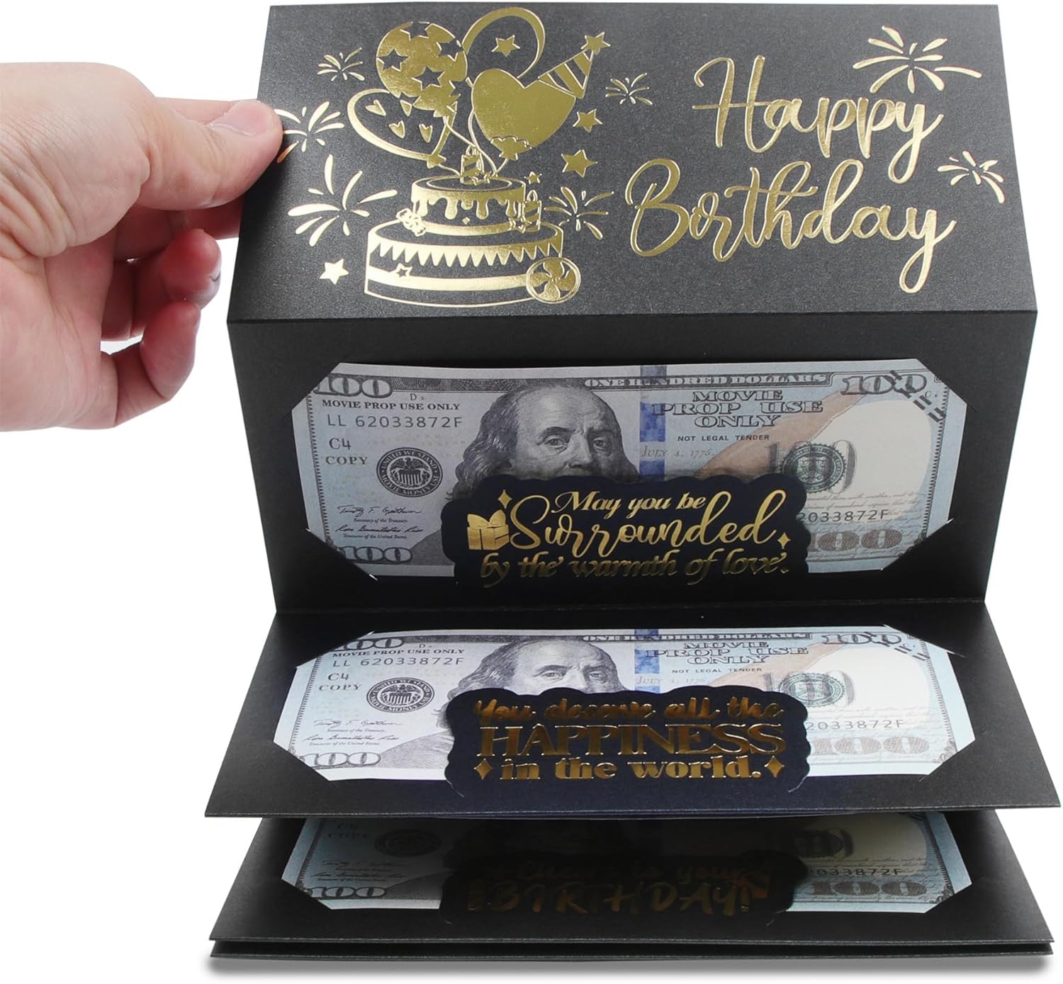 HOMANGA Birthday Money Envelope for Cash Gifts, Surprise Cash Envelope for Men Women Kids, Birthday Gift Card for Men Women Girls Boys, Black Gold Money Holder-0