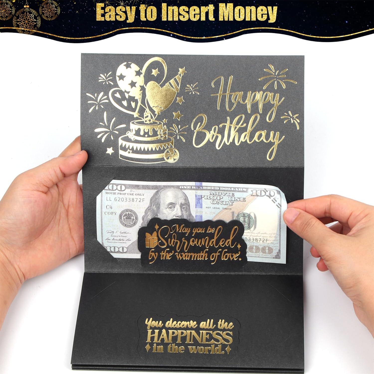 HOMANGA Birthday Money Envelope for Cash Gifts, Surprise Cash Envelope for Men Women Kids, Birthday Gift Card for Men Women Girls Boys, Black Gold Money Holder-3