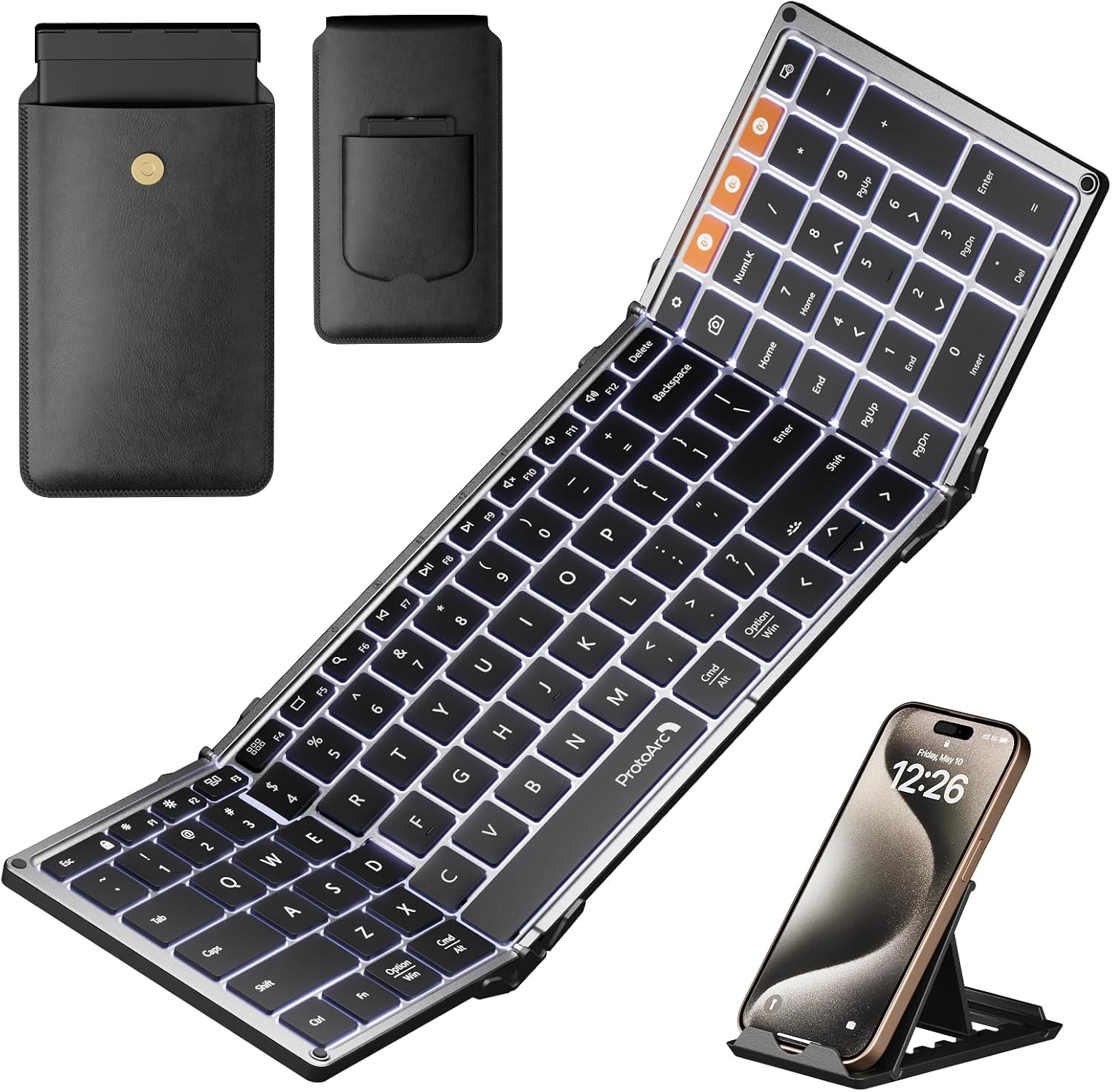 ProtoArc Backlit Foldable Keyboard, XK01 Plus Folding Portable Bluetooth Keyboard for Travel, Full Size External Wireless Keyboard with Backlight for iPad Tablet Smartphone Laptop PC-0