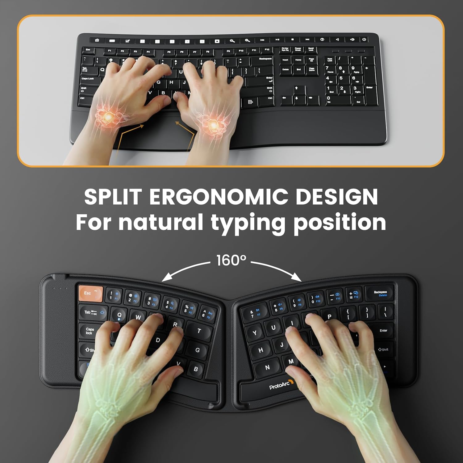 ProtoArc Ergonomic Foldable Keyboard, XK03 Split Folding Bluetooth Keyboard, Ultra Slim Travel Keyboard, Portable Bluetooth Keyboard for iPad, iPhone, Tablet, Laptop, PC-1