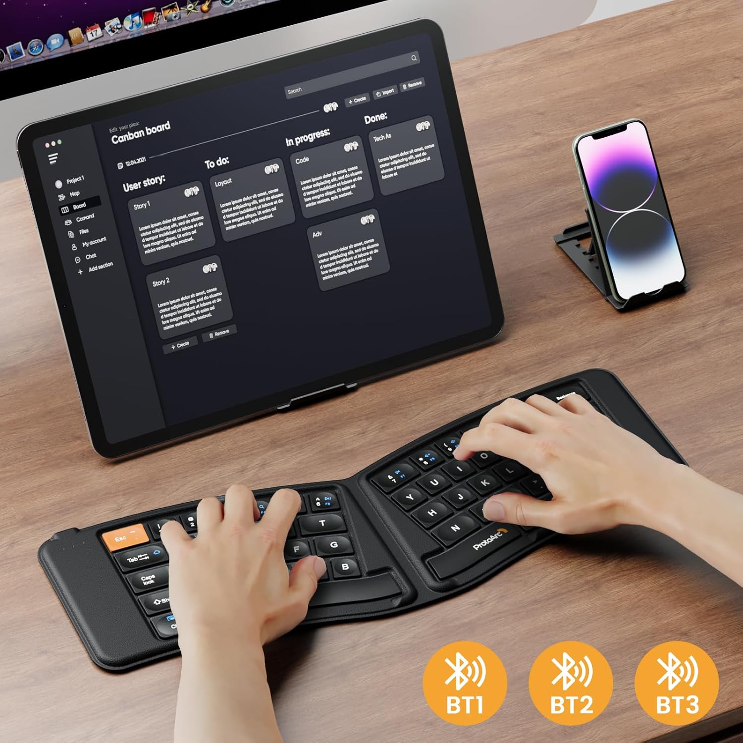 ProtoArc Ergonomic Foldable Keyboard, XK03 Split Folding Bluetooth Keyboard, Ultra Slim Travel Keyboard, Portable Bluetooth Keyboard for iPad, iPhone, Tablet, Laptop, PC-3