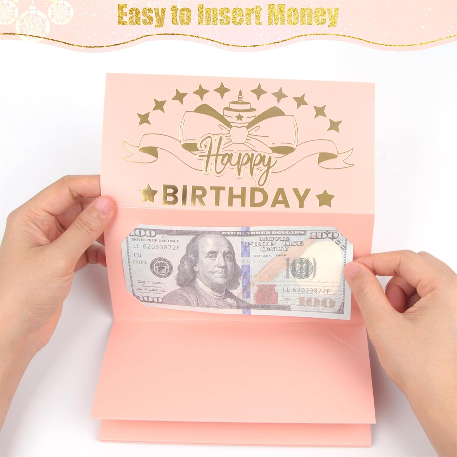 HOMANGA Birthday Money Envelope for Cash Gifts, Surprise Cash Envelope for Wife Women Kids, Birthday Gift Card for Women Girls, Pink Rose Gold Money Holder-3