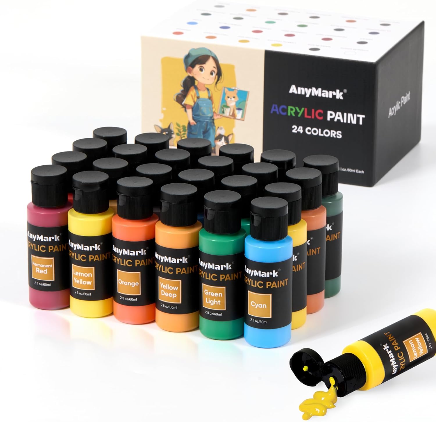 Acrylic Paint, 24 Colors Acrylic Paint Set, 2 fl oz/60ml Bottles, Non Toxic Art kit Painting Supplies for Kids Adults Canvas,Rock,Wood-0