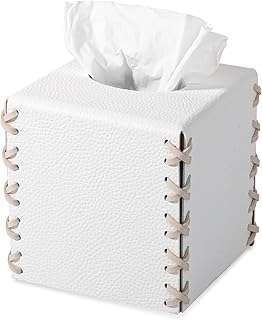 Tissue Box Cover PU Leather Tissue Holder Square Decorative Home Decor Cube Boxes for Bathroom, Kitchen, Nightstand, Office Desk Essentials, White