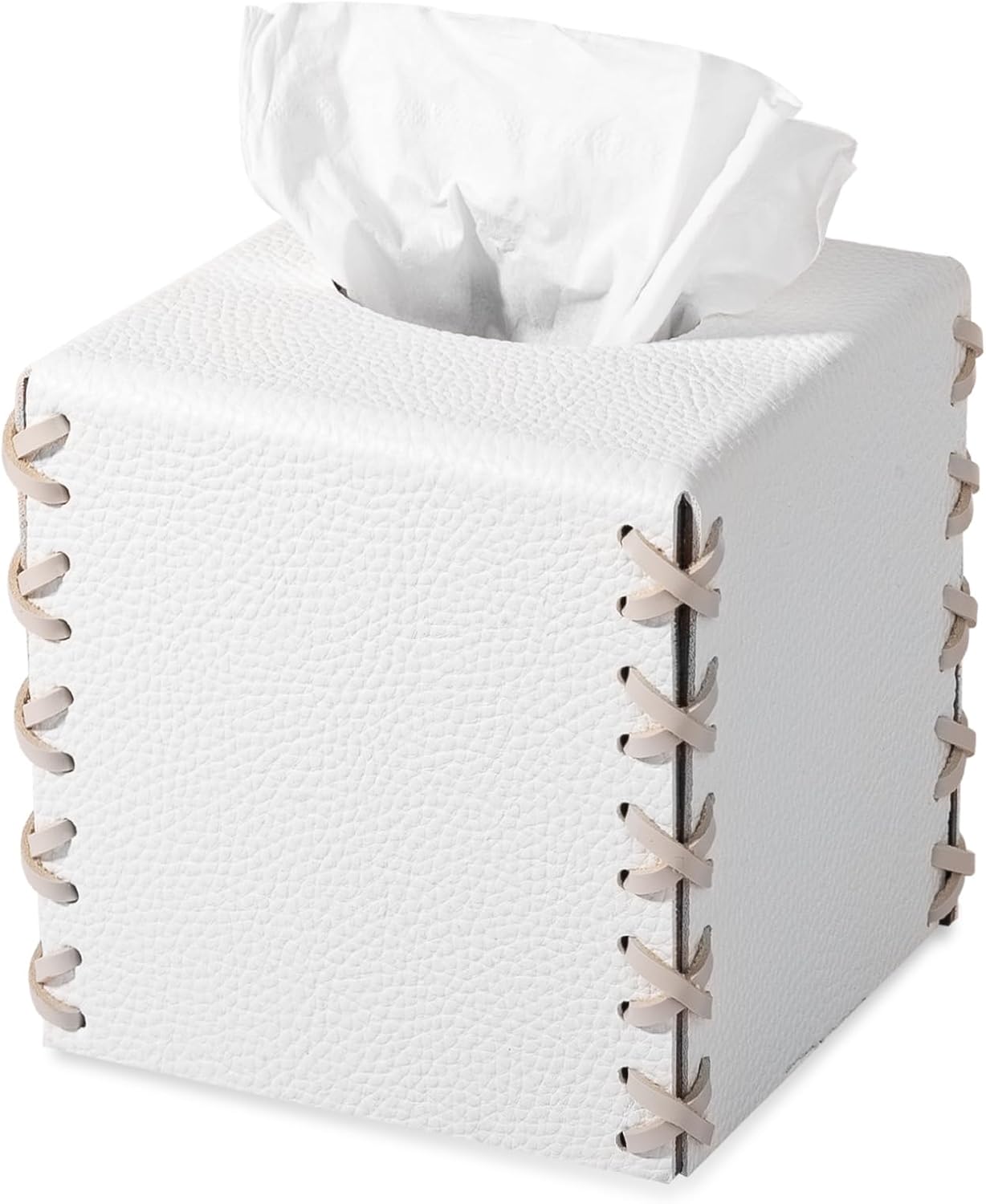 Tissue Box Cover PU Leather Tissue Holder Square Decorative Home Decor Cube Boxes for Bathroom, Kitchen, Nightstand, Office Desk Essentials, White-0