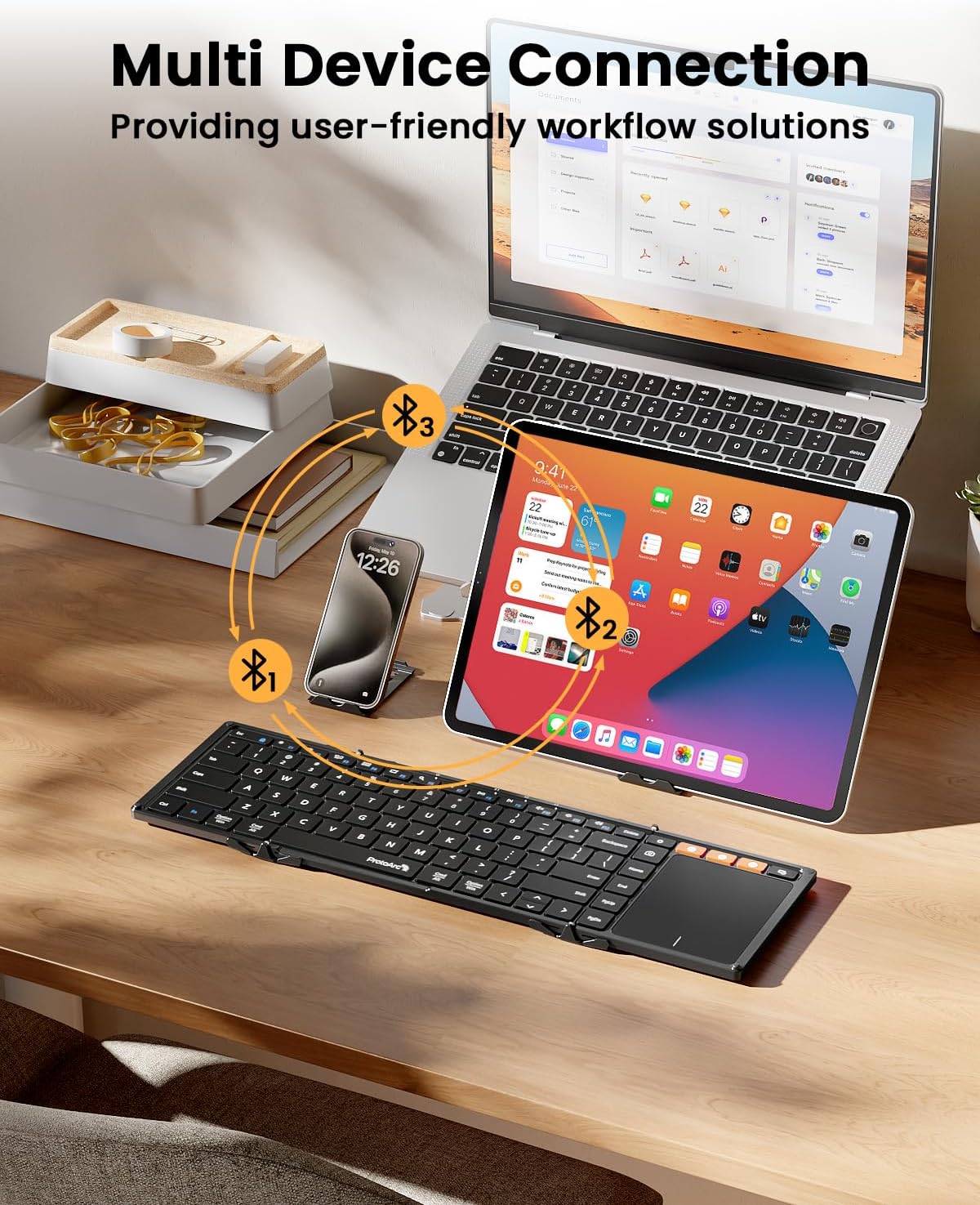 ProtoArc Foldable Keyboard with Touchpad, XK01 TP Folding Portable Keyboard, Full Size Keys, Large Trackpad Bluetooth Travel Keyboard for iPad, iPhone, Laptop PC Tablets -Black-3