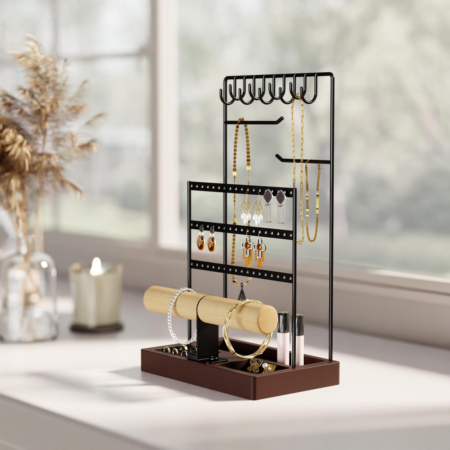 niffgaff Jewelry Holder Earring Display Stand: Jewelry Organizer Stand Earring Display Bulk Earring Storage Bracelet Organizer Wooden Base-1