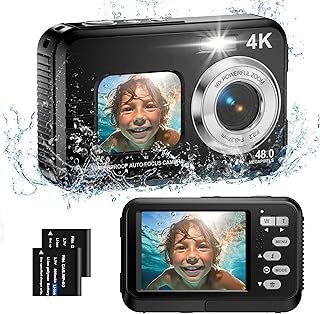 Underwater Camera, 4K Waterproof Camera, 48MP Autofocus Selfie Dual Screens 11FT Underwater Camera for Snorkeling Waterproof Compact Portable Digital Camera, 2 Batteries