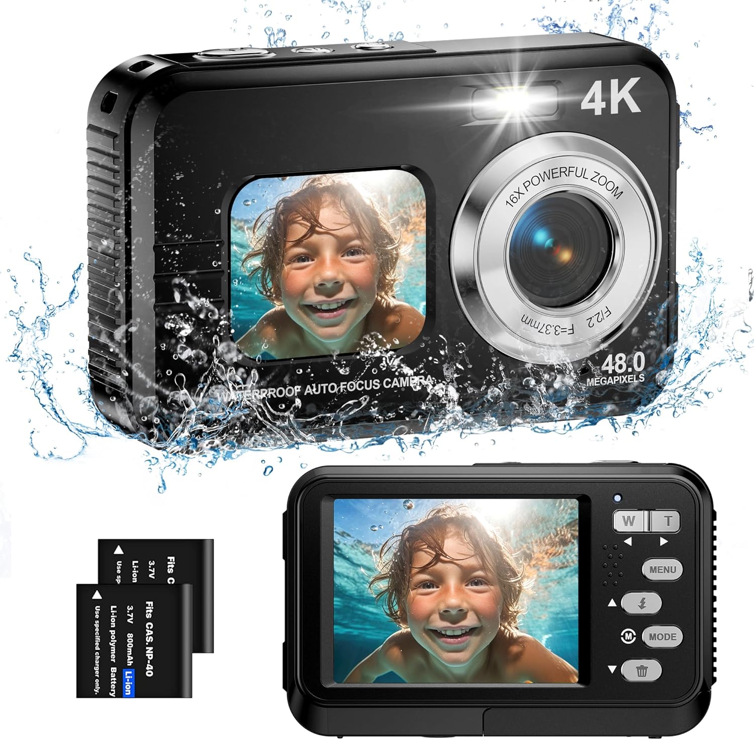 Underwater Camera, 4K Waterproof Camera, 48MP Autofocus Selfie Dual Screens 11FT Underwater Camera for Snorkeling Waterproof Compact Portable Digital Camera, 2 Batteries-0