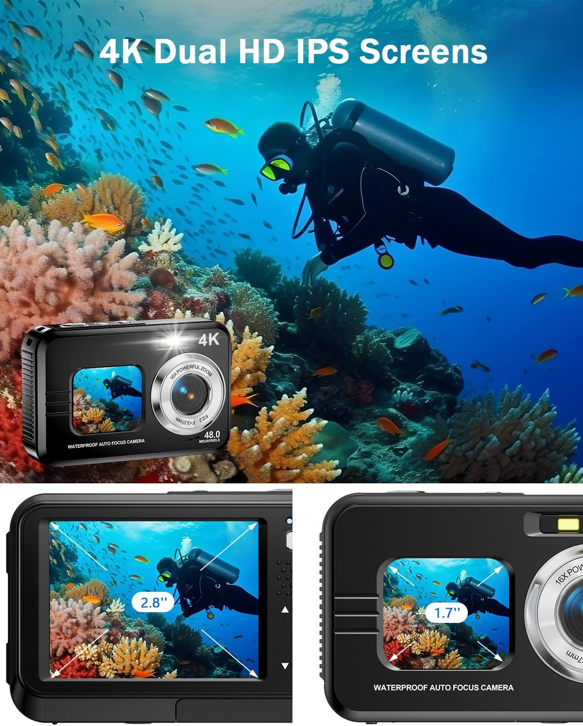 Underwater Camera, 4K Waterproof Camera, 48MP Autofocus Selfie Dual Screens 11FT Underwater Camera for Snorkeling Waterproof Compact Portable Digital Camera, 2 Batteries-1