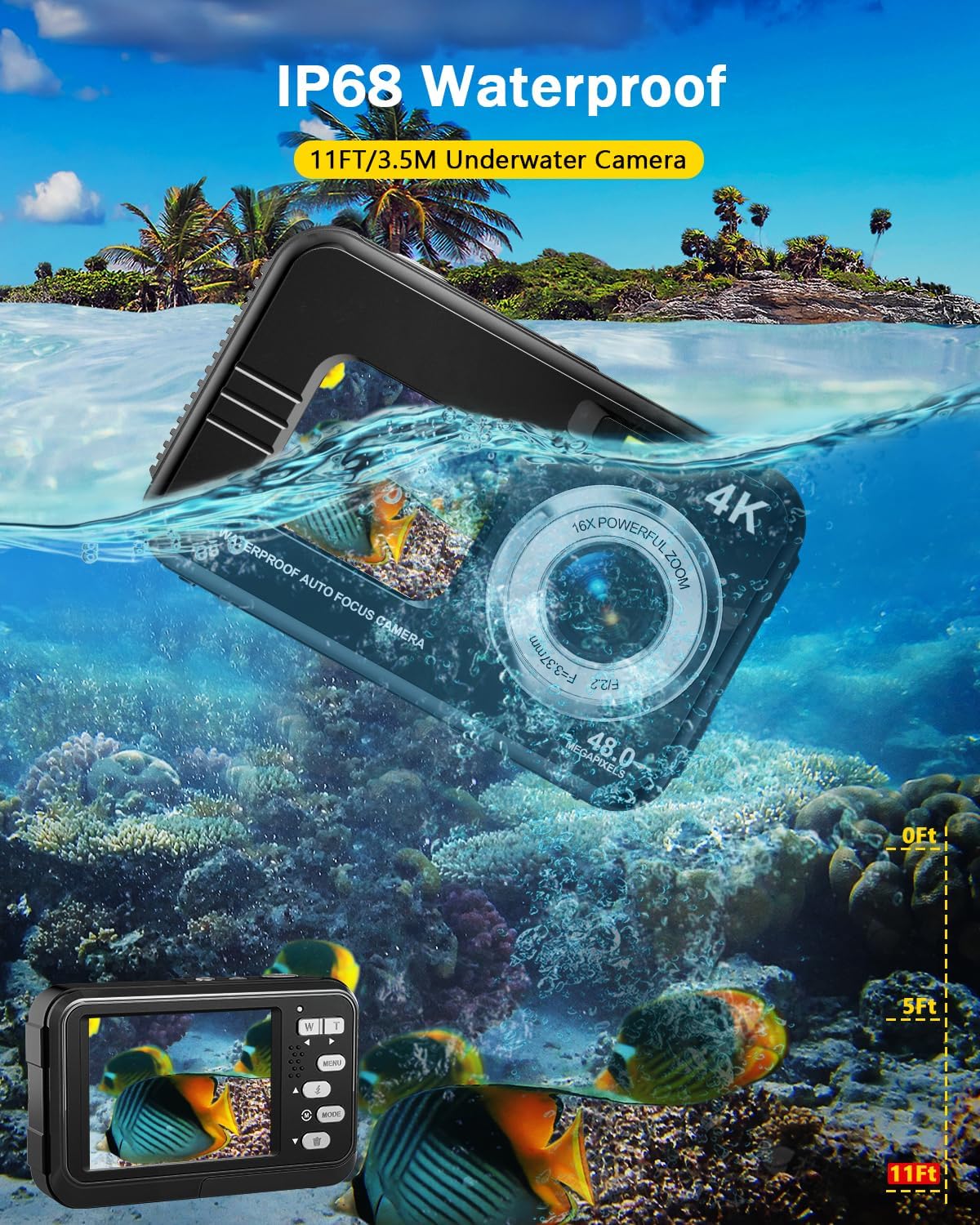 Underwater Camera, 4K Waterproof Camera, 48MP Autofocus Selfie Dual Screens 11FT Underwater Camera for Snorkeling Waterproof Compact Portable Digital Camera, 2 Batteries-2