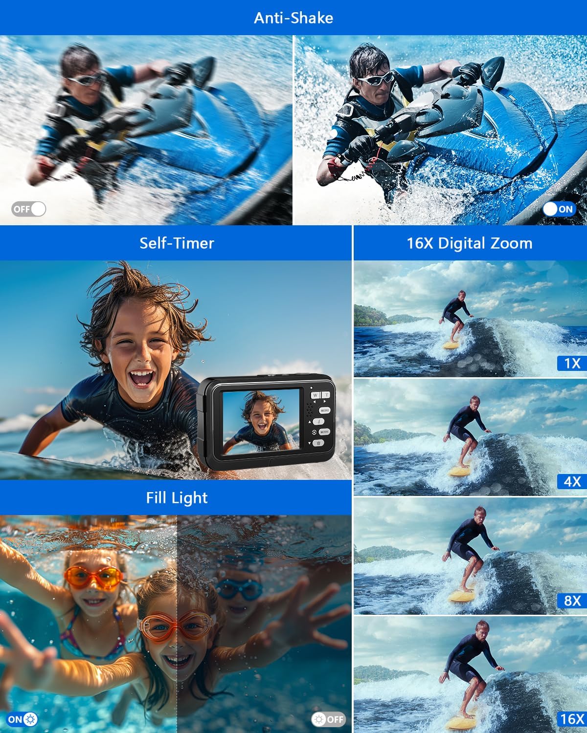 Underwater Camera, 4K Waterproof Camera, 48MP Autofocus Selfie Dual Screens 11FT Underwater Camera for Snorkeling Waterproof Compact Portable Digital Camera, 2 Batteries-4