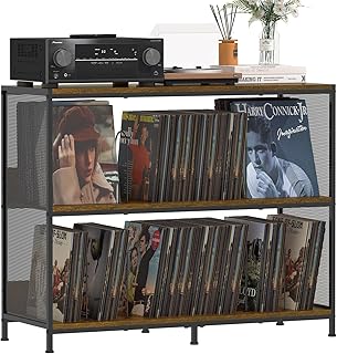 3-Tier Vinyl Record Storage: Vintage Record Player Table with Spacious Storage - Up to 450 Records, Turntable Stand with Adjustable Dividers Extra Top Surface for Audio Equipment for Living Room