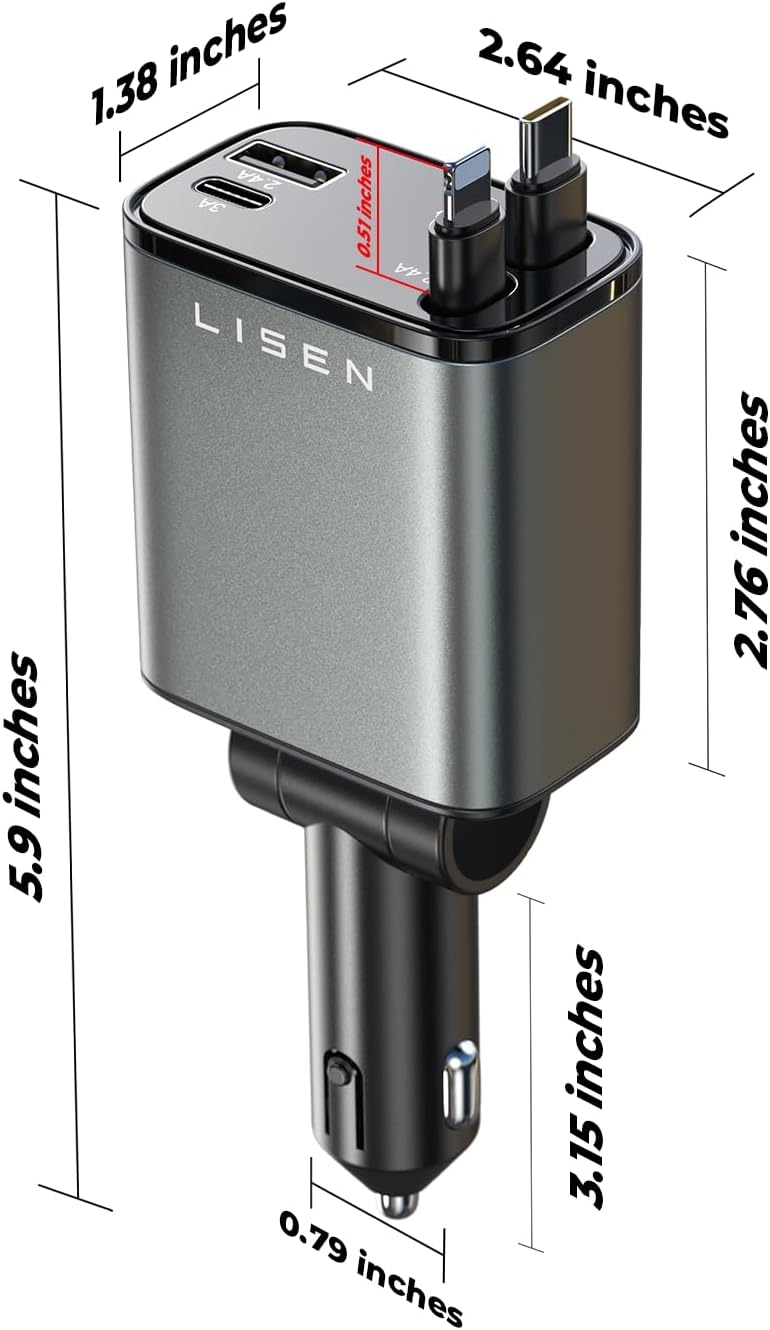 LISEN Retractable Car Charger [69W USB C Car Charger Adapter] iPhone 16 Car Charger Fast Charging, Fast Charging Car Charger, Type C Retractable Car Charger for iPhone 16 15 14 13 12, Samsung, Gray-5