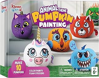 Klever Kits Halloween Pumpkin Decorating Kit, Halloween Party Supplies Arts Crafts, Party Favor for Kids, DIY Pumpkin Painting Kit with 10 Animal Designs, Coloring Craft Games Classroom Activities