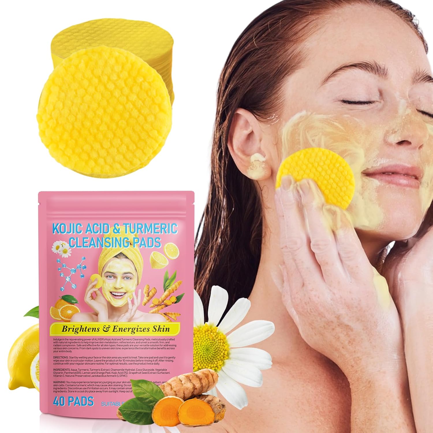 Turmeric Kojic Acid Pads,Turmeric Kojic Acid Cleansing Pads, Face Turmeric & Kojic Acid Pads, Turmeric Cleansing Pads for Dark Spots, Turmeric Pads Infused Foaming Exfoliating Pads- 40 Count-0