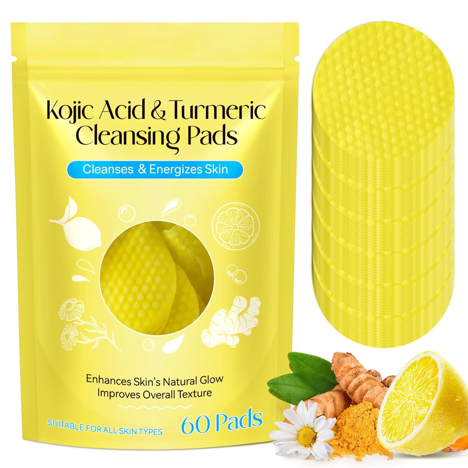 Turmeric Kojic Acid Cleansing Pads, Face Turmeric & Kojic Acid Pads with Vitamin B5, Vitamin C, Turmeric Cleansing Pads, Turmeric Pads Infused Foaming Exfoliating Pads- 60 Count-0