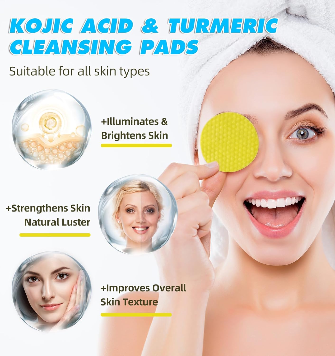 Turmeric Kojic Acid Cleansing Pads, Face Turmeric & Kojic Acid Pads with Vitamin B5, Vitamin C, Turmeric Cleansing Pads, Turmeric Pads Infused Foaming Exfoliating Pads- 60 Count-2