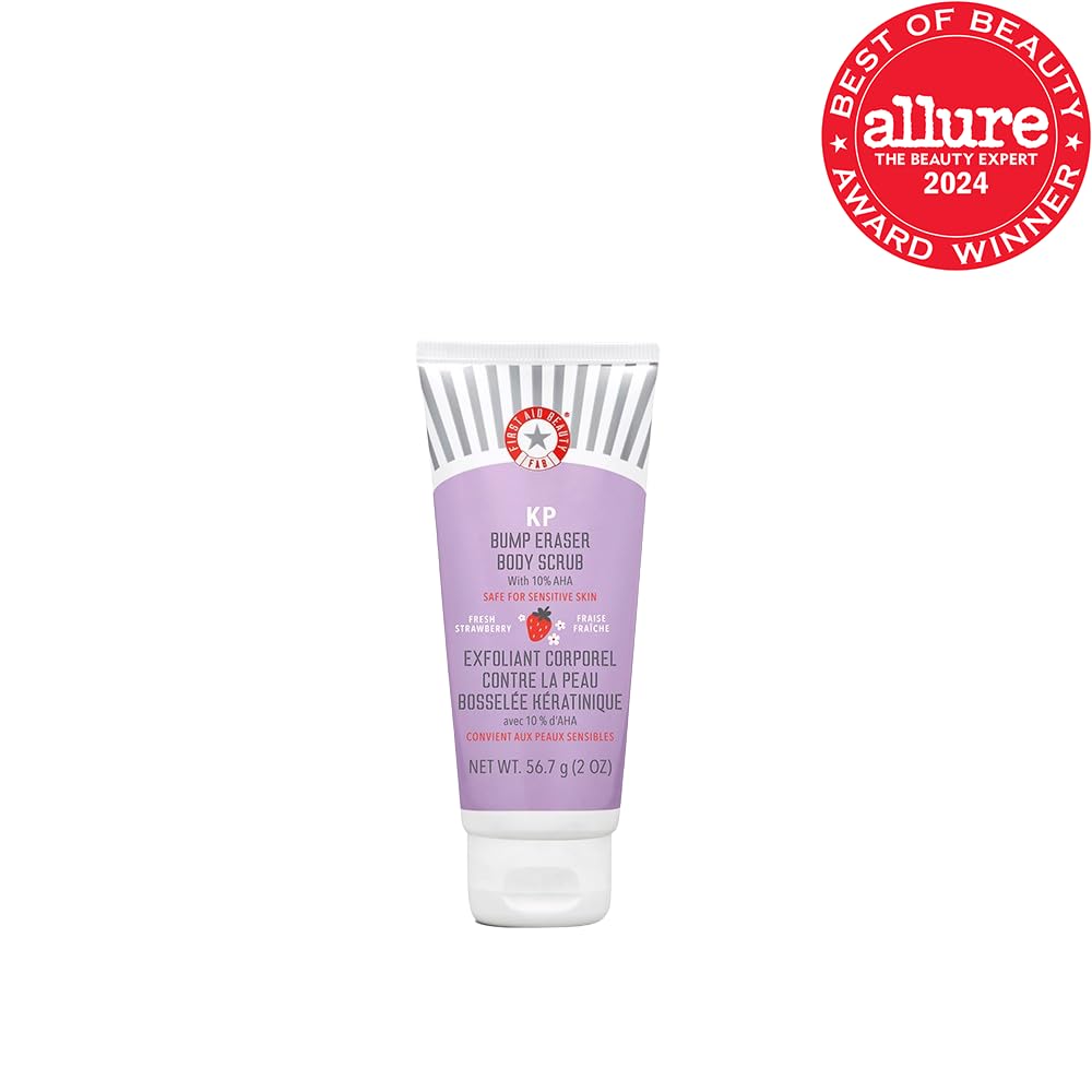 First Aid Beauty - KP Bump Eraser Body Scrub with 10% AHA, Keratosis Pilaris Exfoliating Skin Cleanser with 10% Lactic Acids Glycolic, Pumice & Bisabolol, Reduces Bumps, Strawberry Scent, 2 oz-1