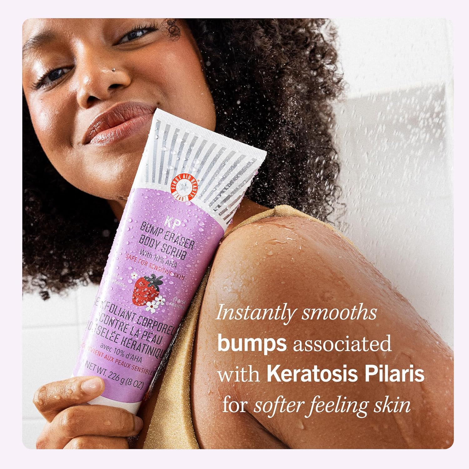 First Aid Beauty - KP Bump Eraser Body Scrub with 10% AHA, Keratosis Pilaris Exfoliating Skin Cleanser with 10% Lactic Acids Glycolic, Pumice & Bisabolol, Reduces Bumps, Strawberry Scent, 2 oz-4